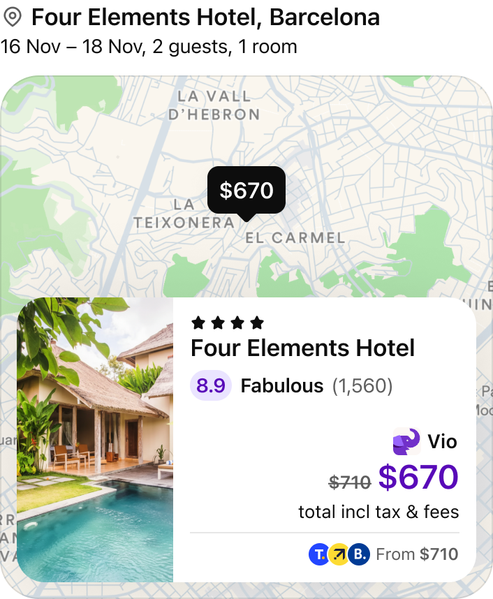 Vio show me rates for Four Elements Hotel, Barcelona 16-18 November for two