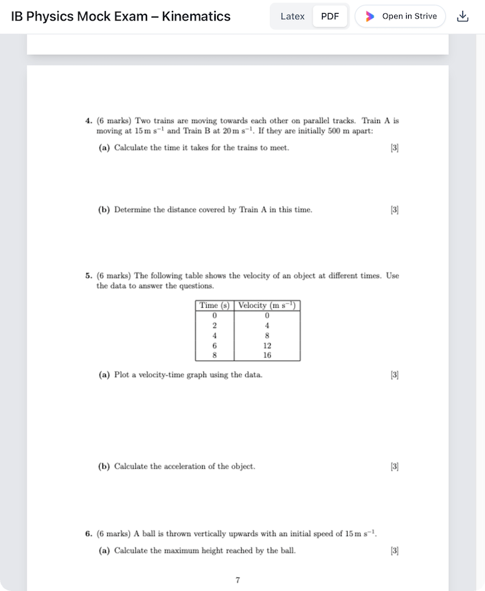 @Strive create an IB physics mock exam focused on Kinematics