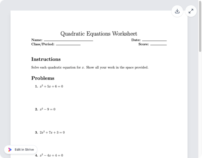 @Strive create a quadratic equations worksheet with 10 questions