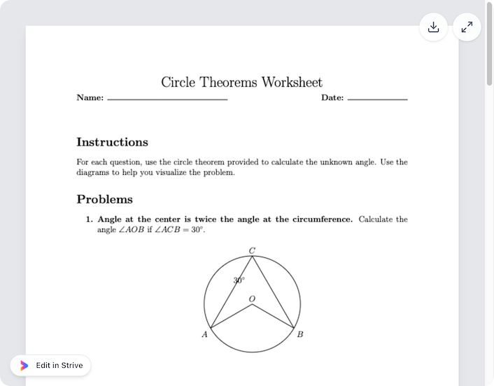 @Strive create a circle theorem quiz with the diagrams