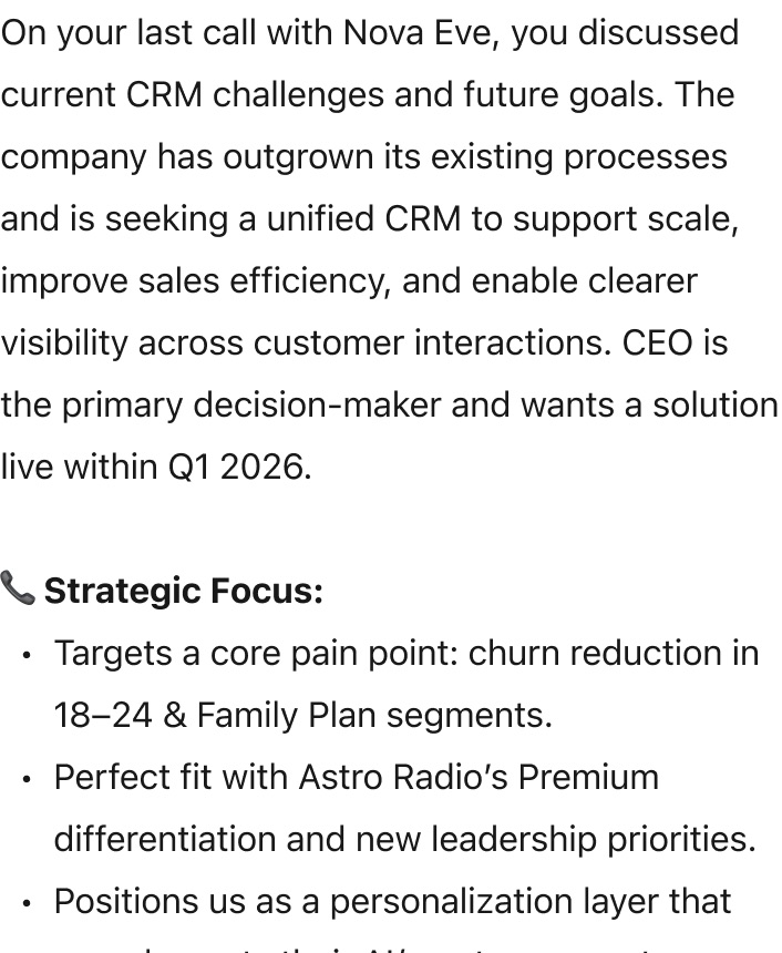 @Agentforce what did I last speak to Nova Eve about?