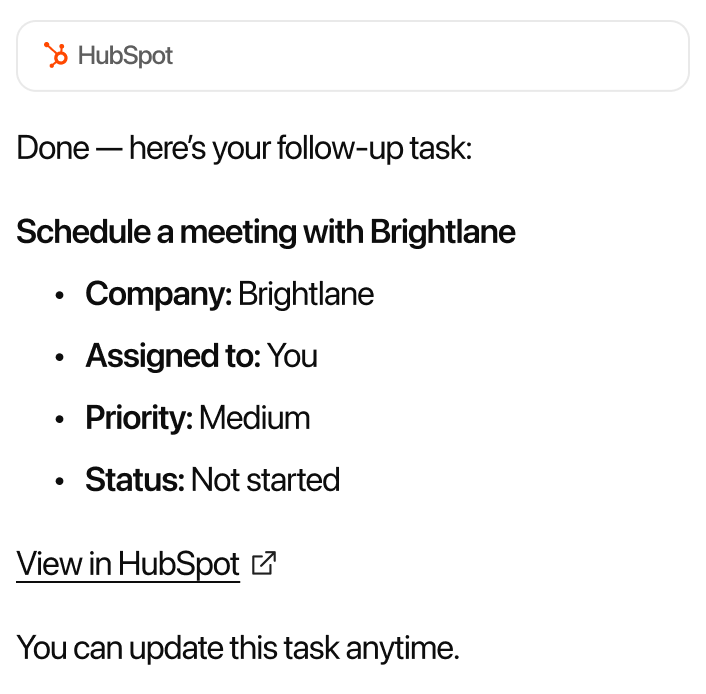 @HubSpot create a follow-up task to schedule a meeting with Brightlane