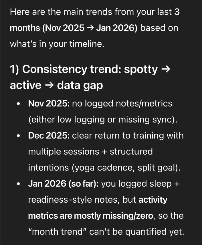 Analyze trends in my training history from last months
