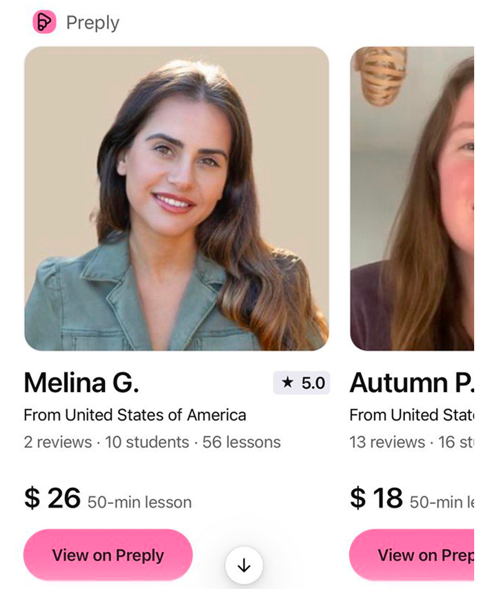 Find me an English tutor below $30, from the United States.